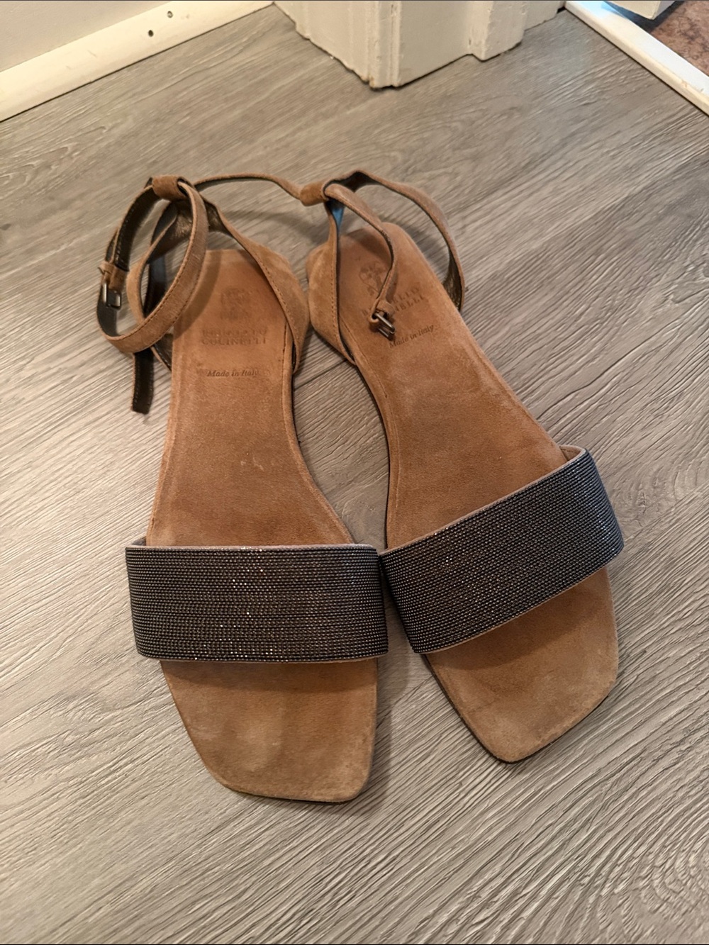 Suede Ankle-Strap Flat Sandals in Brown with Embellished Black Strap
